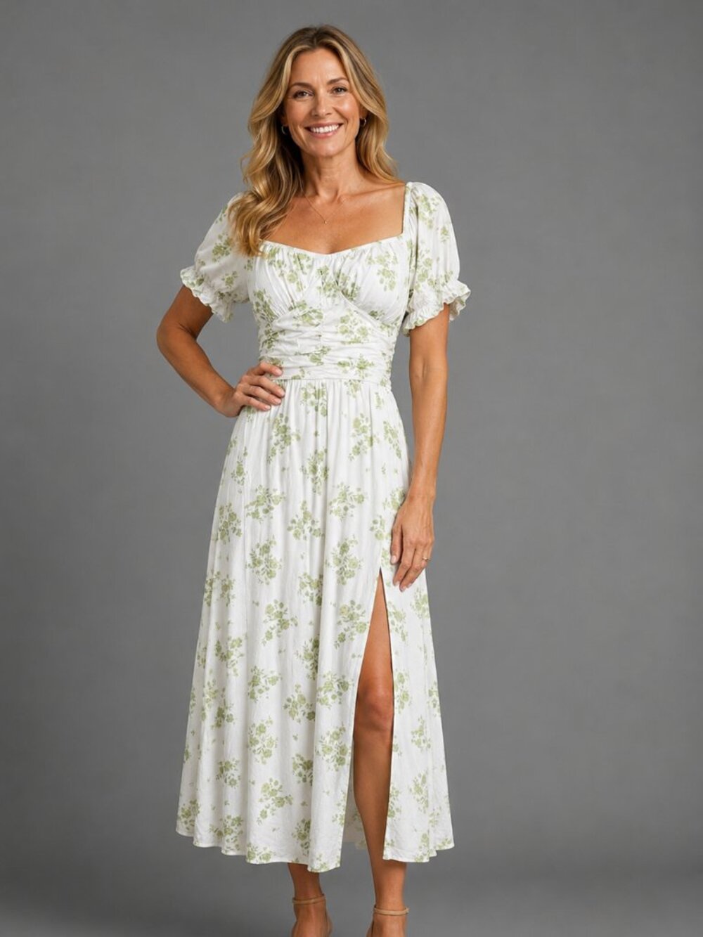 Hollister White & Sage Green Floral Smocked Midi Dress Slit Hem Small